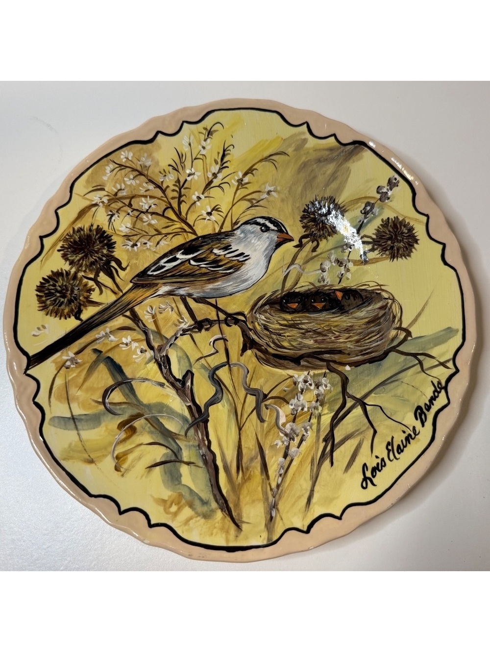 Hand Painted Songbird Nest Chicks Plate Signed Lois Elaine Benda 9”
